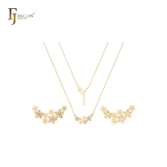 Fancy five petals of snowflakes and white CZs 14K Gold Necklace