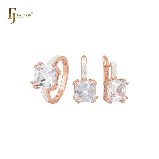 Squared White or blue CZ with paved white CZs band Rose Gold Jewelry Set with Rings