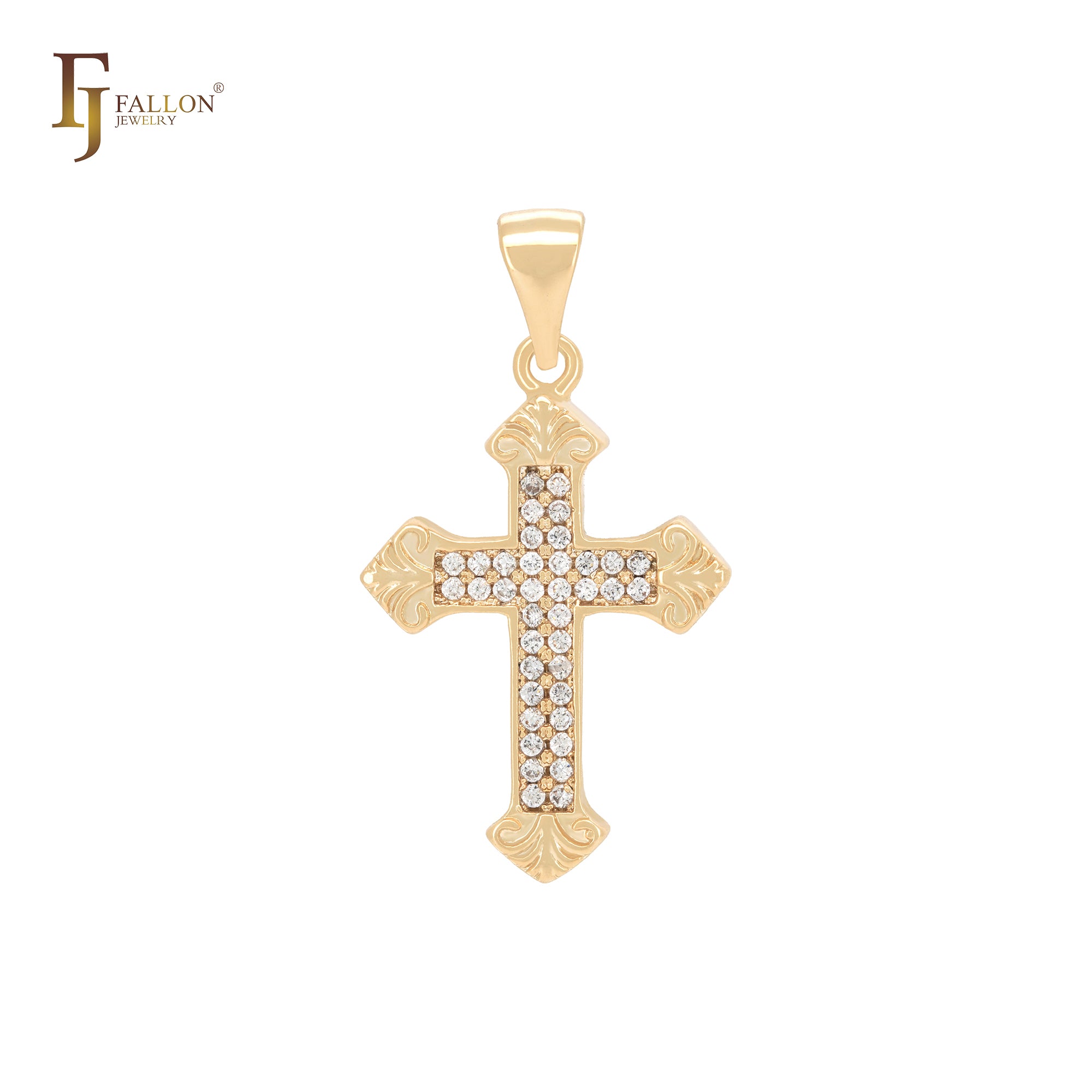 Flower tip cluster double row white CZs 14K Gold Latin Cross Pendant