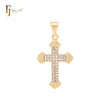 Flower tip cluster double row white CZs 14K Gold Latin Cross Pendant