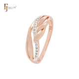 Leaves and branches paved white czs Rose Gold two tone wedding band rings