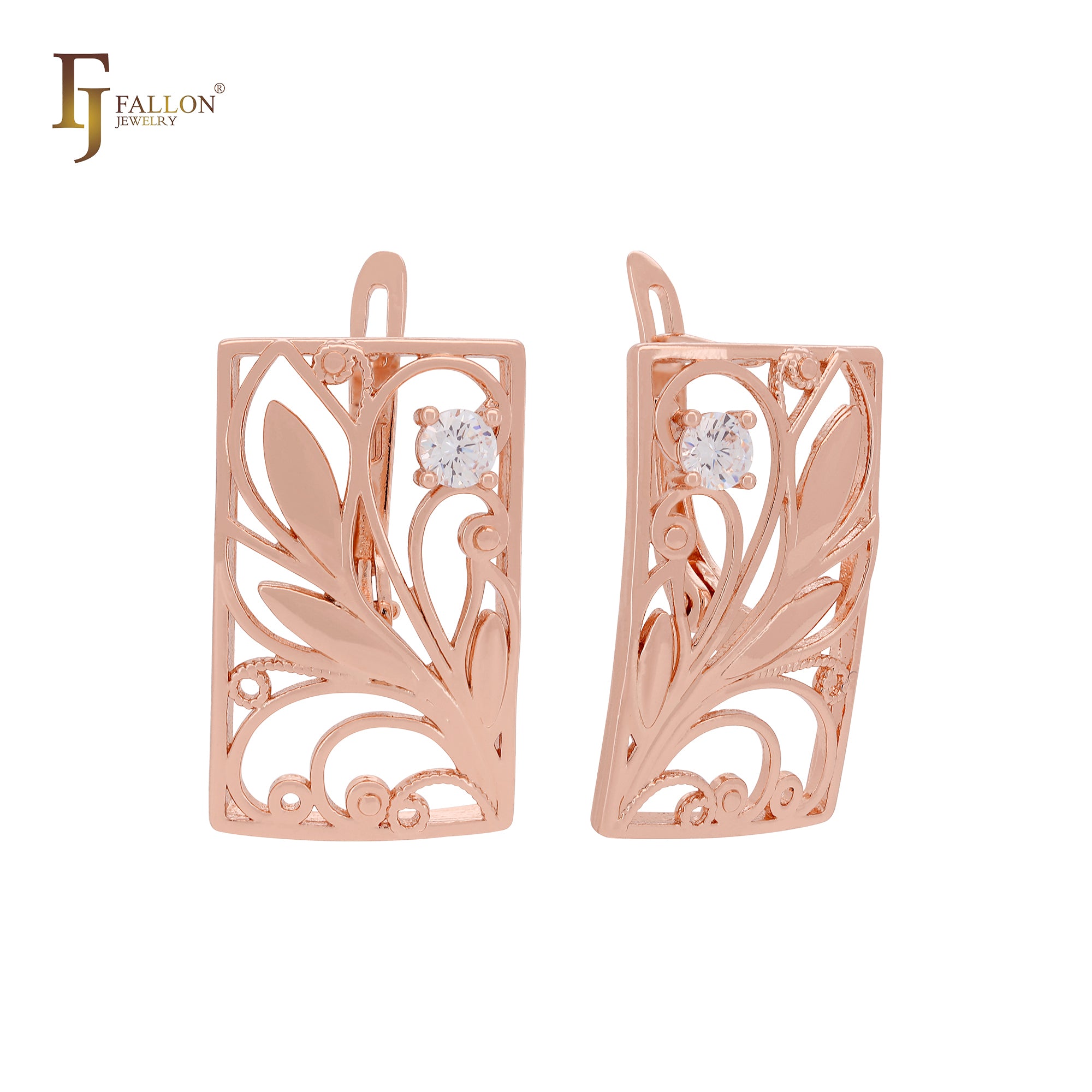 Squared Filigree of leaves and branches Rose Gold Clip-On Earrings