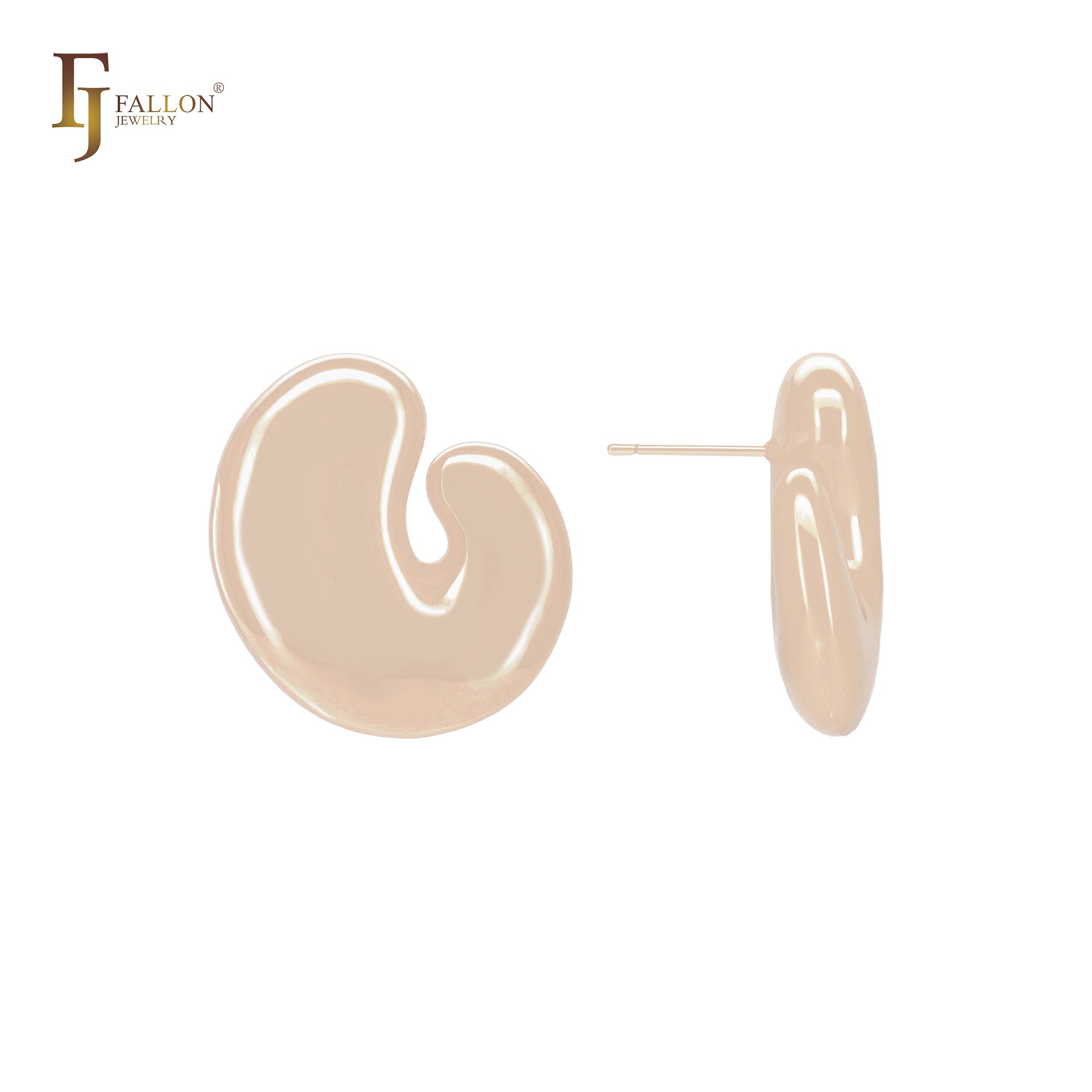 Irregular glossy u shaped rounded head 14K Gold, Rose Gold, White Gold Stud Earrings