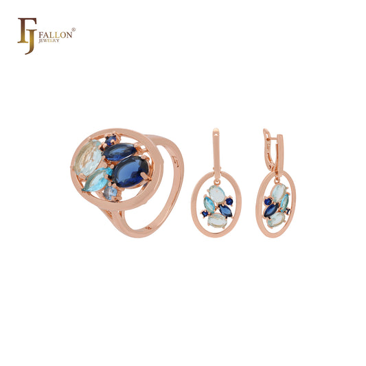 Luxurious Cluster Lake blue and deep blue CZs Rose Gold Jewelry Set with Rings