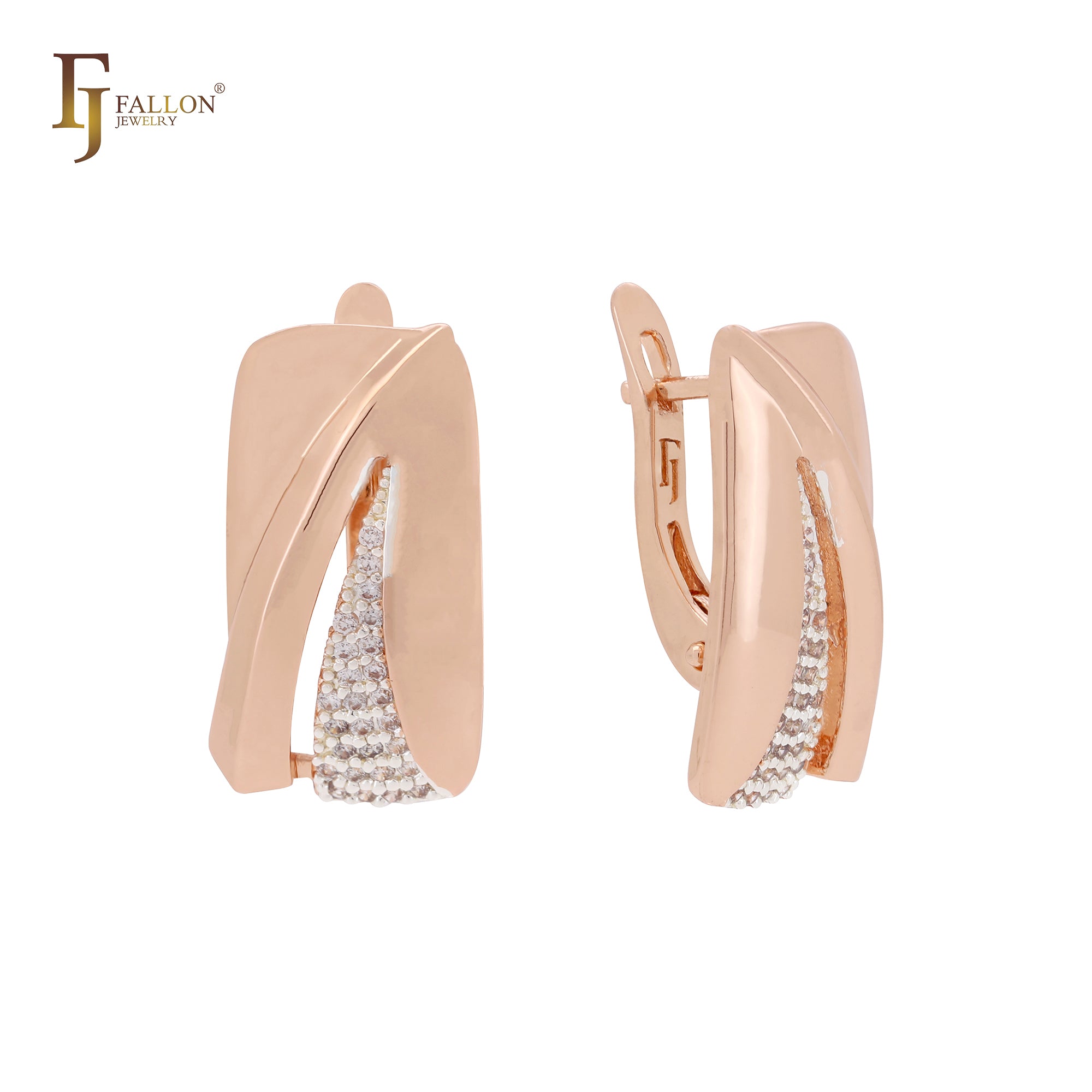 Ribbon of great paved white CZs Rose Gold two tone Clip-On Earrings