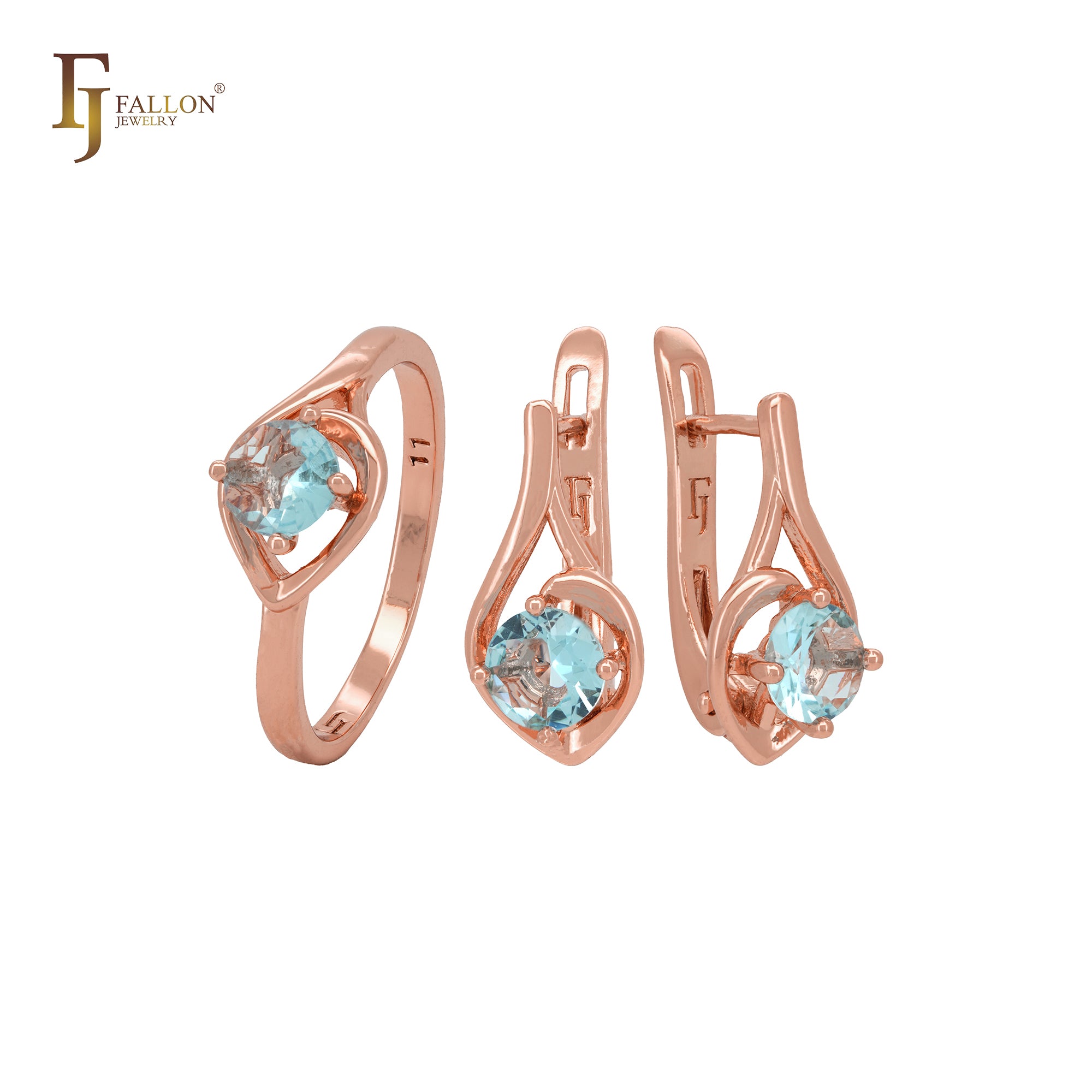 Solitaire round lake blue cz Rose Gold Jewelry Set with Rings