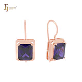 Big red squared CZ solitaire 585 Rose Gold wire hook earrings