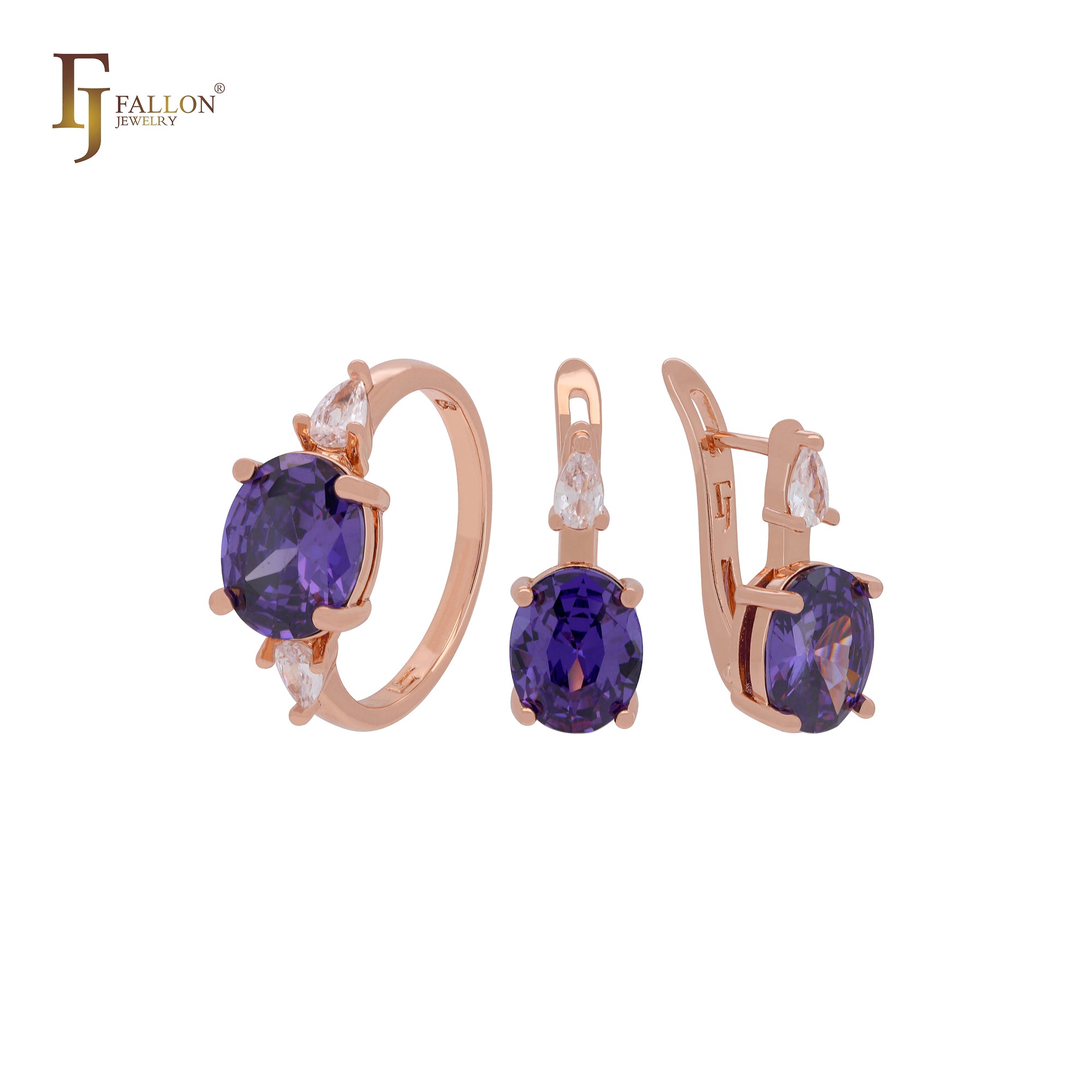 Big Solitaire Purple CZ sided with white CZs Rose Gold Jewelry Set with Rings