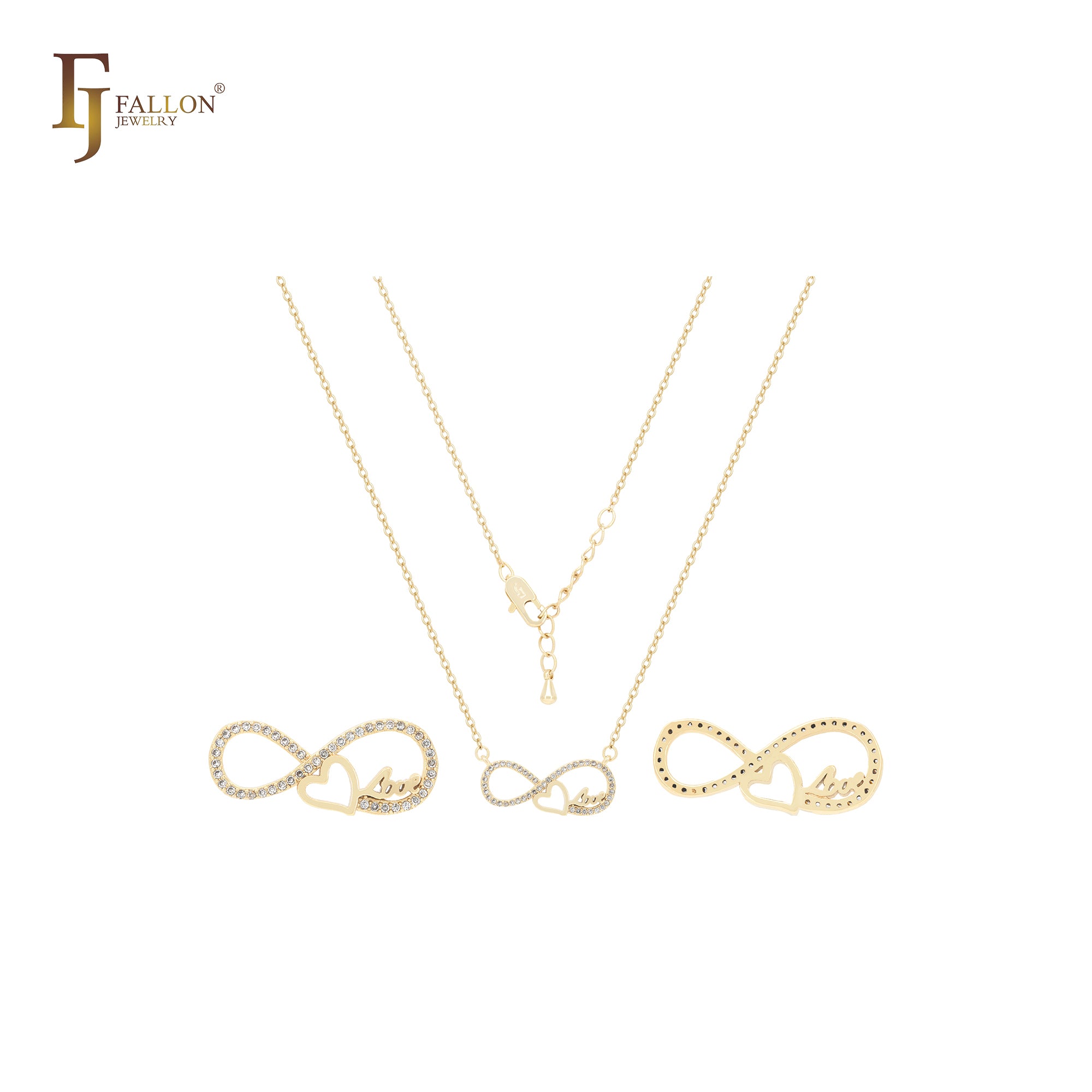 Infinity heart with love arrow of paved white CZs 14K Gold Necklace