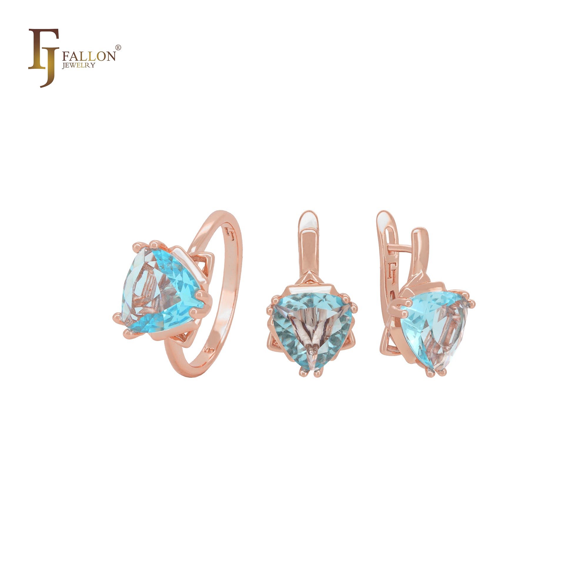 Luxurious minimalism triangular bug solitaire clawed lake blue CZ Rose Gold Jewelry Set with Rings