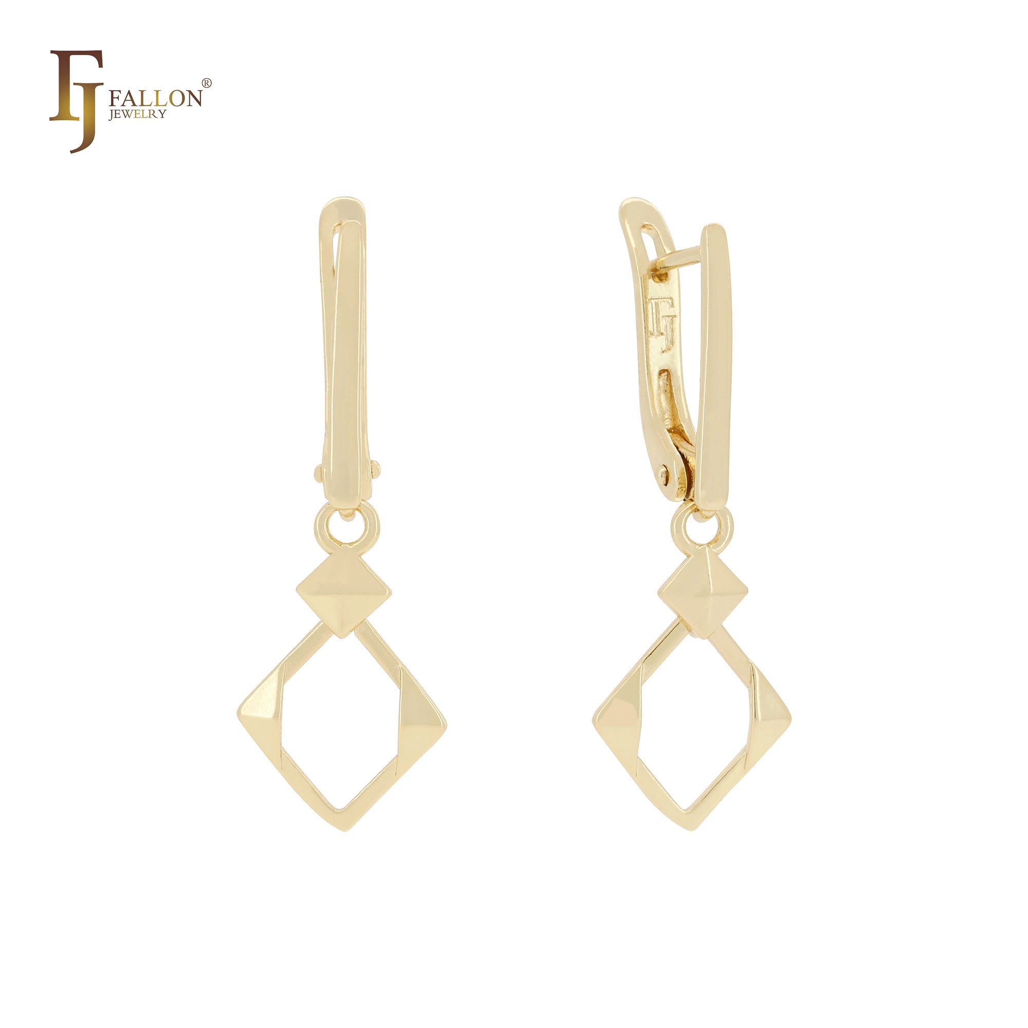 Rhombus in Rhombus 14K Gold, Rose Gold, White Gold drop Clip-On Earrings