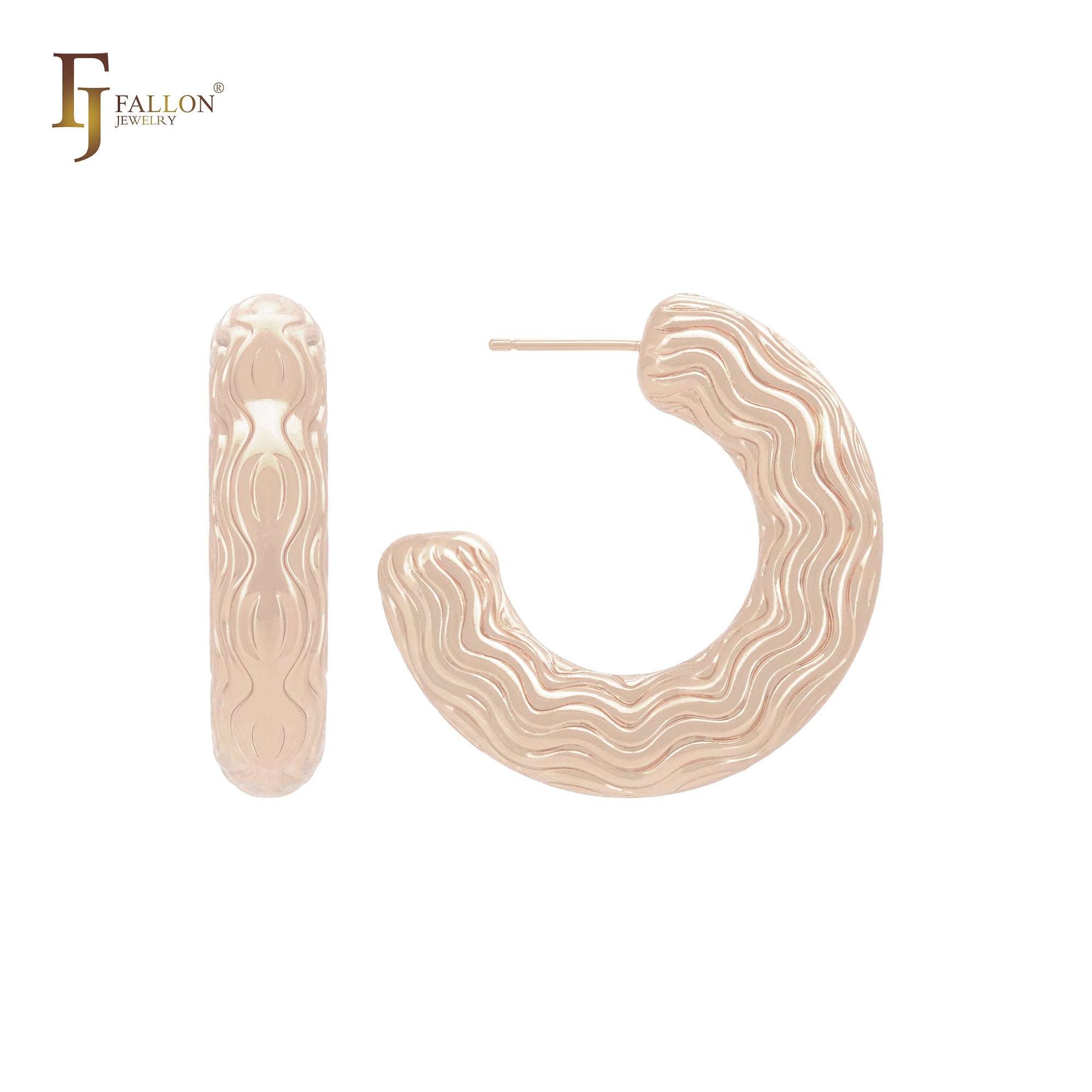 Zigzag flowers parallel rounded tube C Hoop 14K Gold, Rose Gold, White Gold Stud Earrings