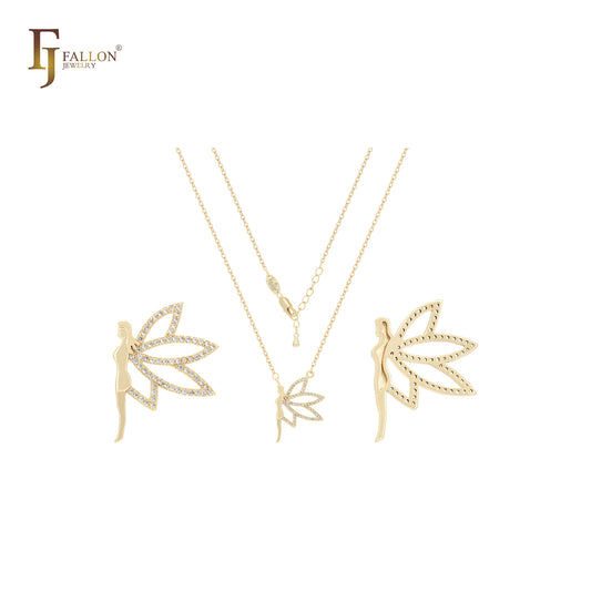 Fairy dancing with wings of white czs cluster 14K Gold, Rose Gold Necklace