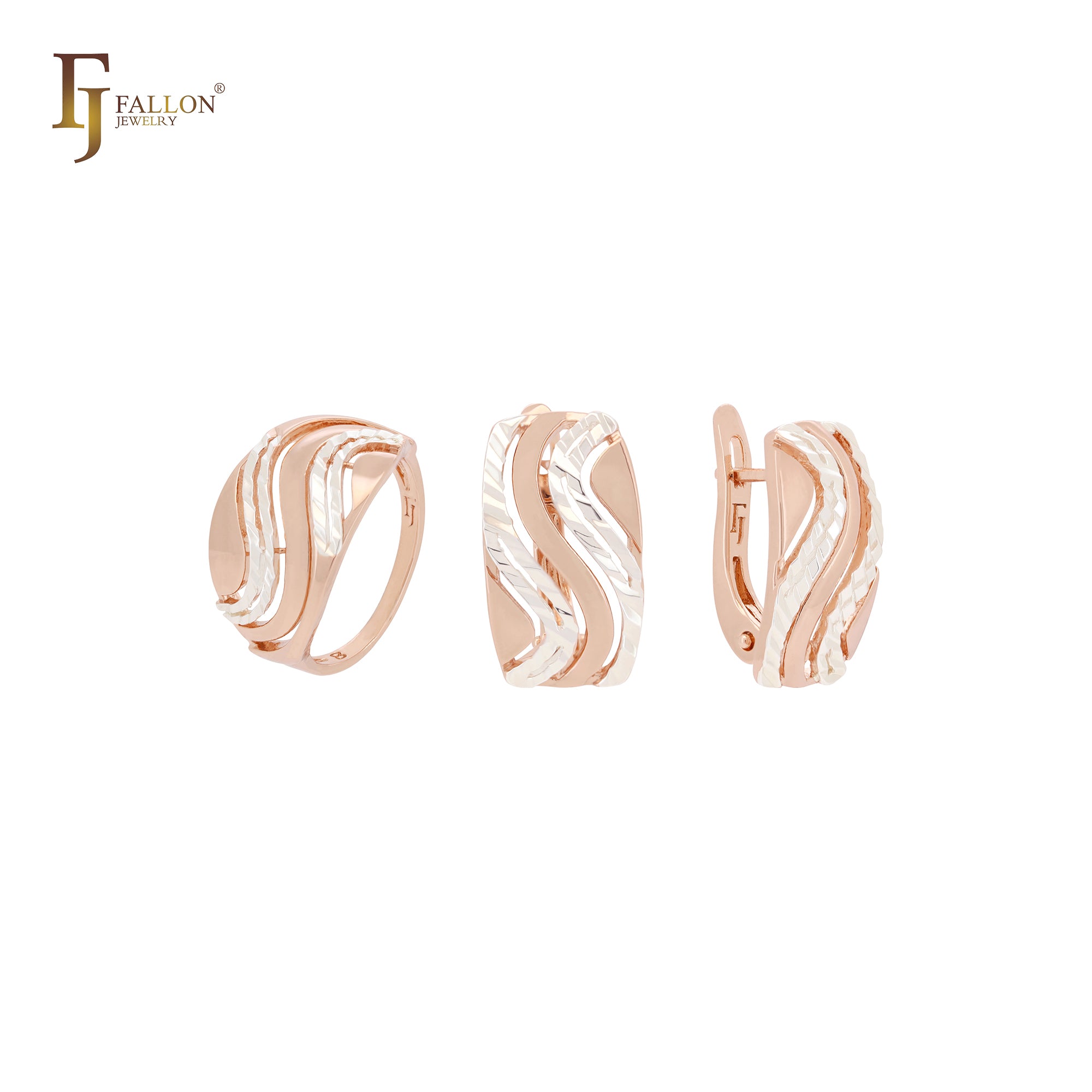 Curved wavy geometric rows Rose Gold two tone Jewelry Set with Rings