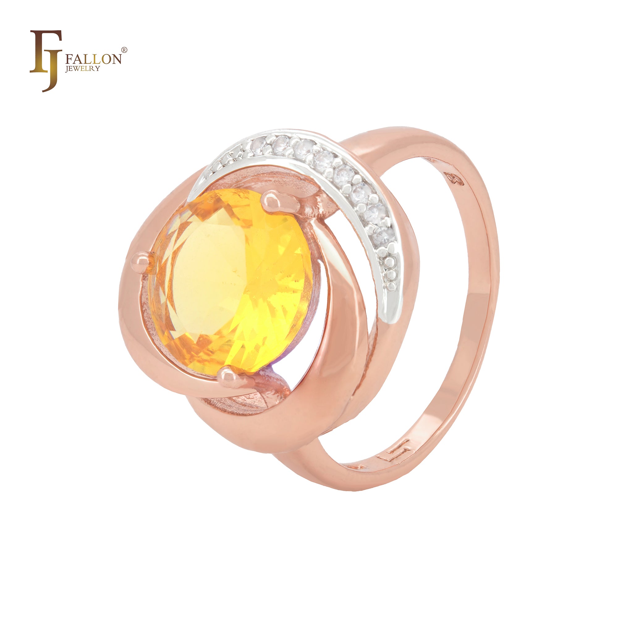 Triple spinning big solitaire rounded Yellow CZ Rose Gold two tone Fashion Rings