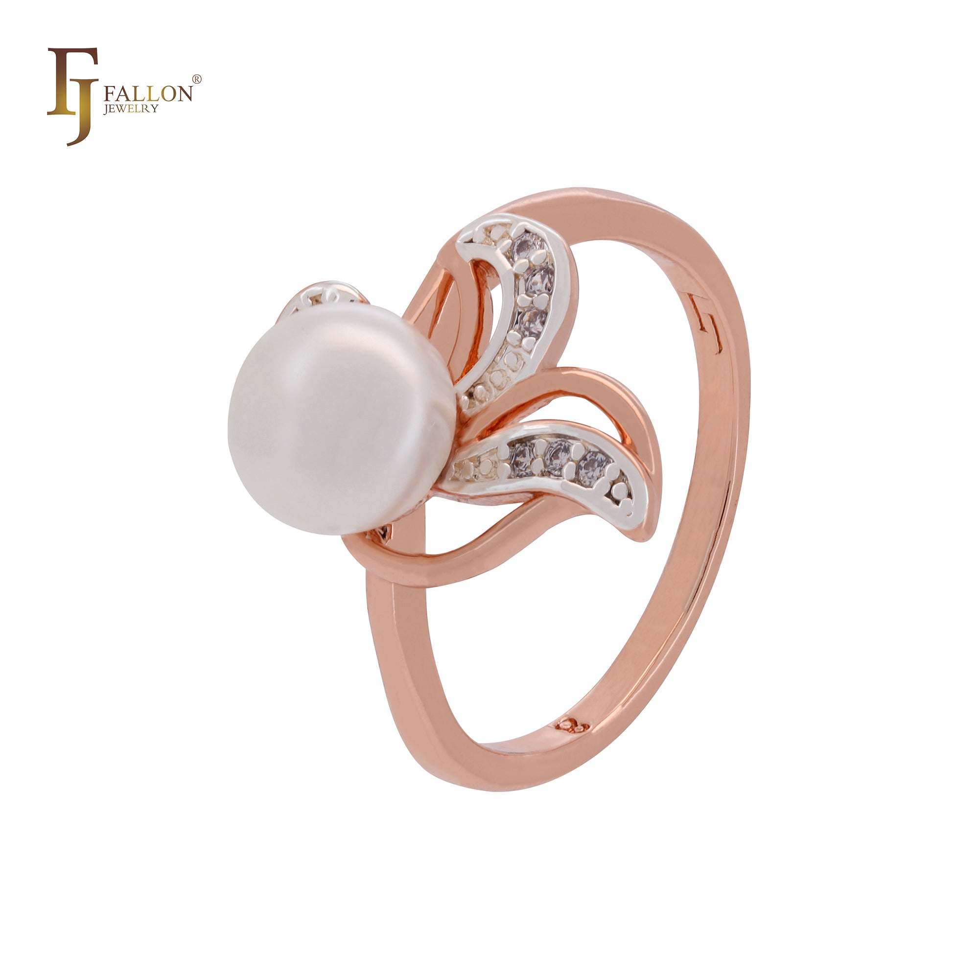 Pearl of flying flower of white CZs Rose Gold two tone Fashion Rings