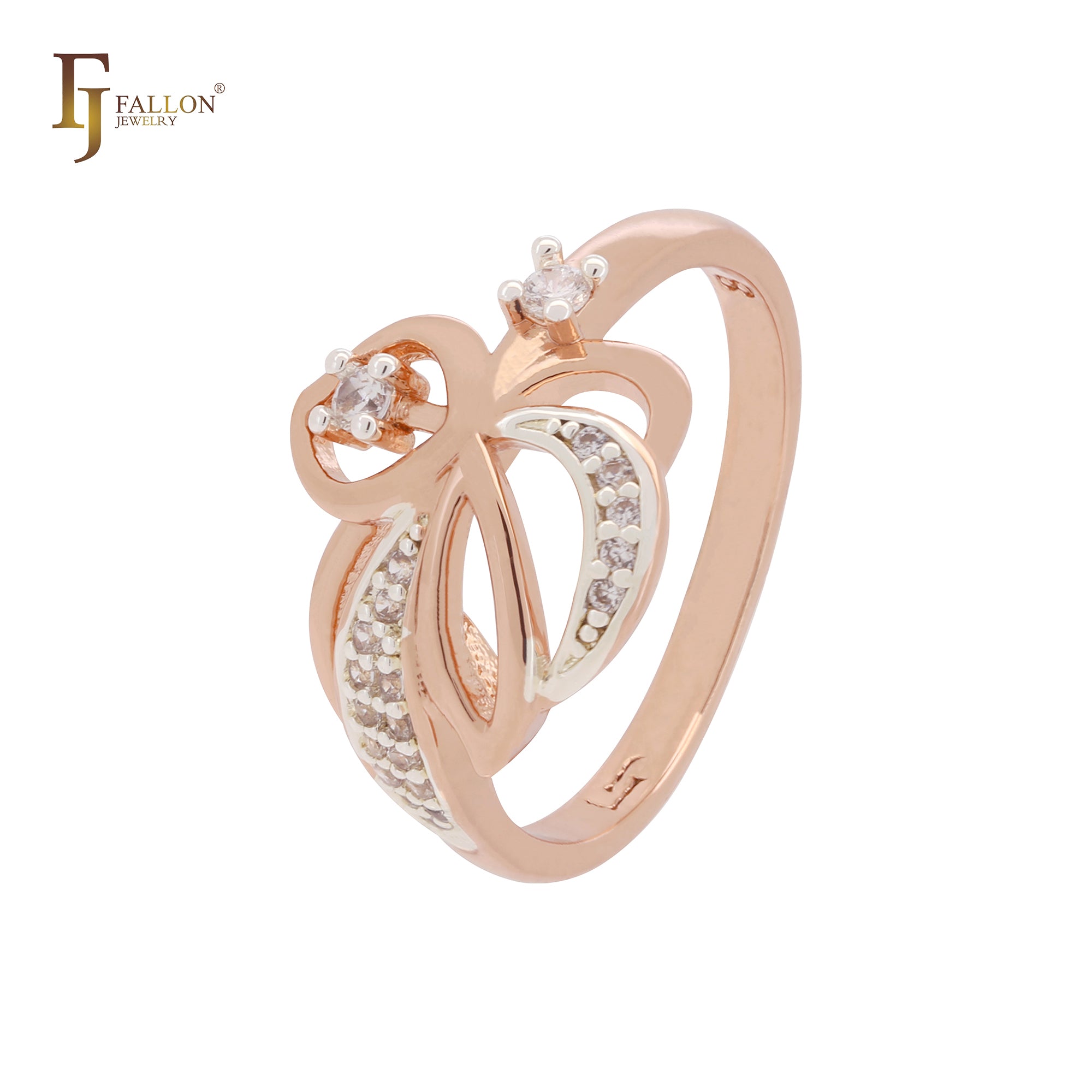 Fancy flower and leaves of white CZs Rose Gold two tone Fashion Rings