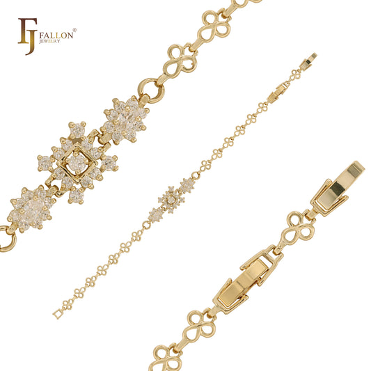 Flower paved white CZs 14K Gold, Rose Gold bracelets