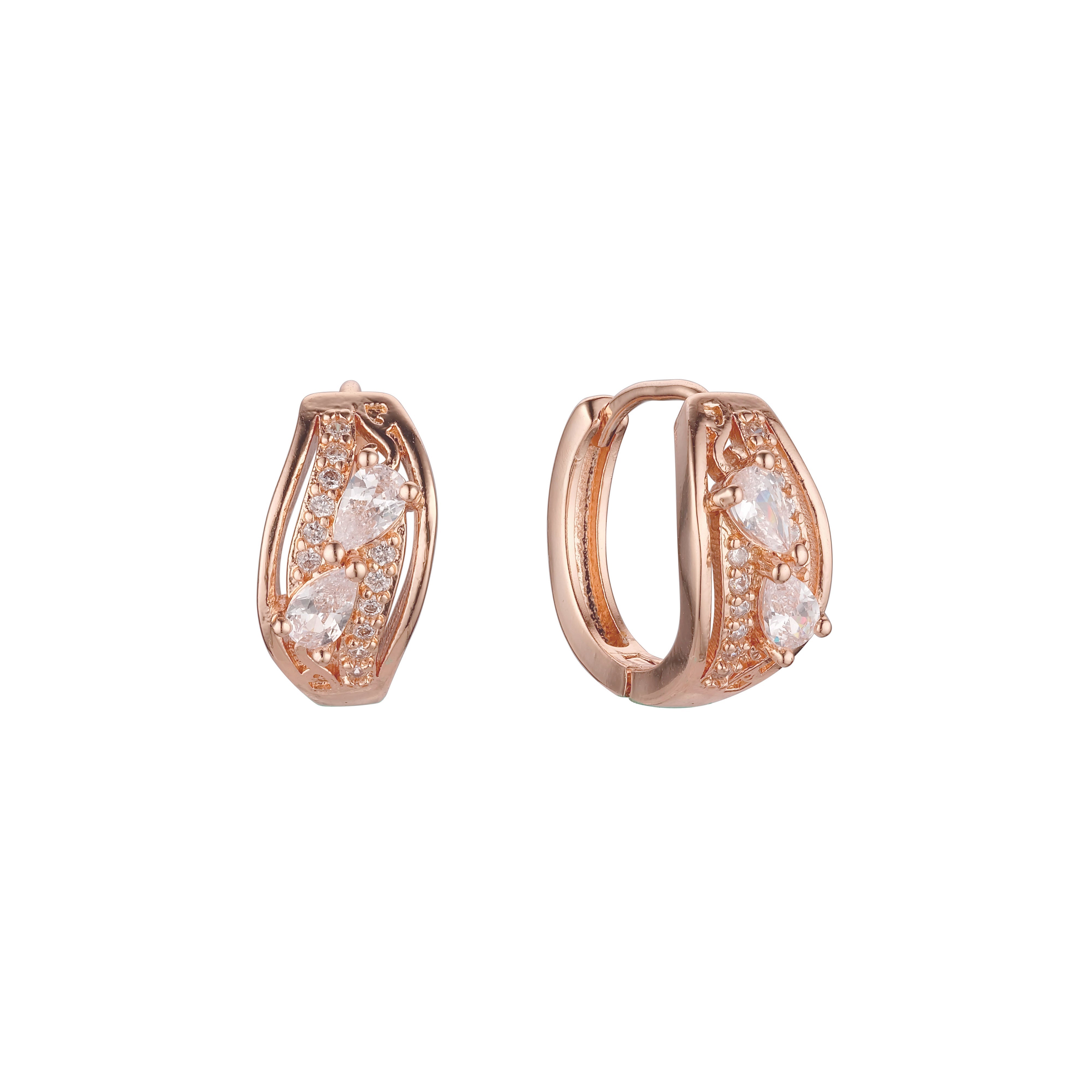 Double teardrop stones huggie earrings in 14K Gold, Rose Gold plating colors