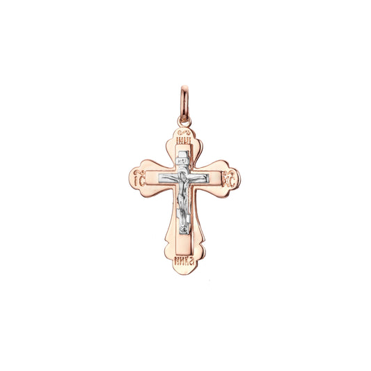 Catholic cross budded pendant in Rose Gold two tone, 14K Gold plating colors