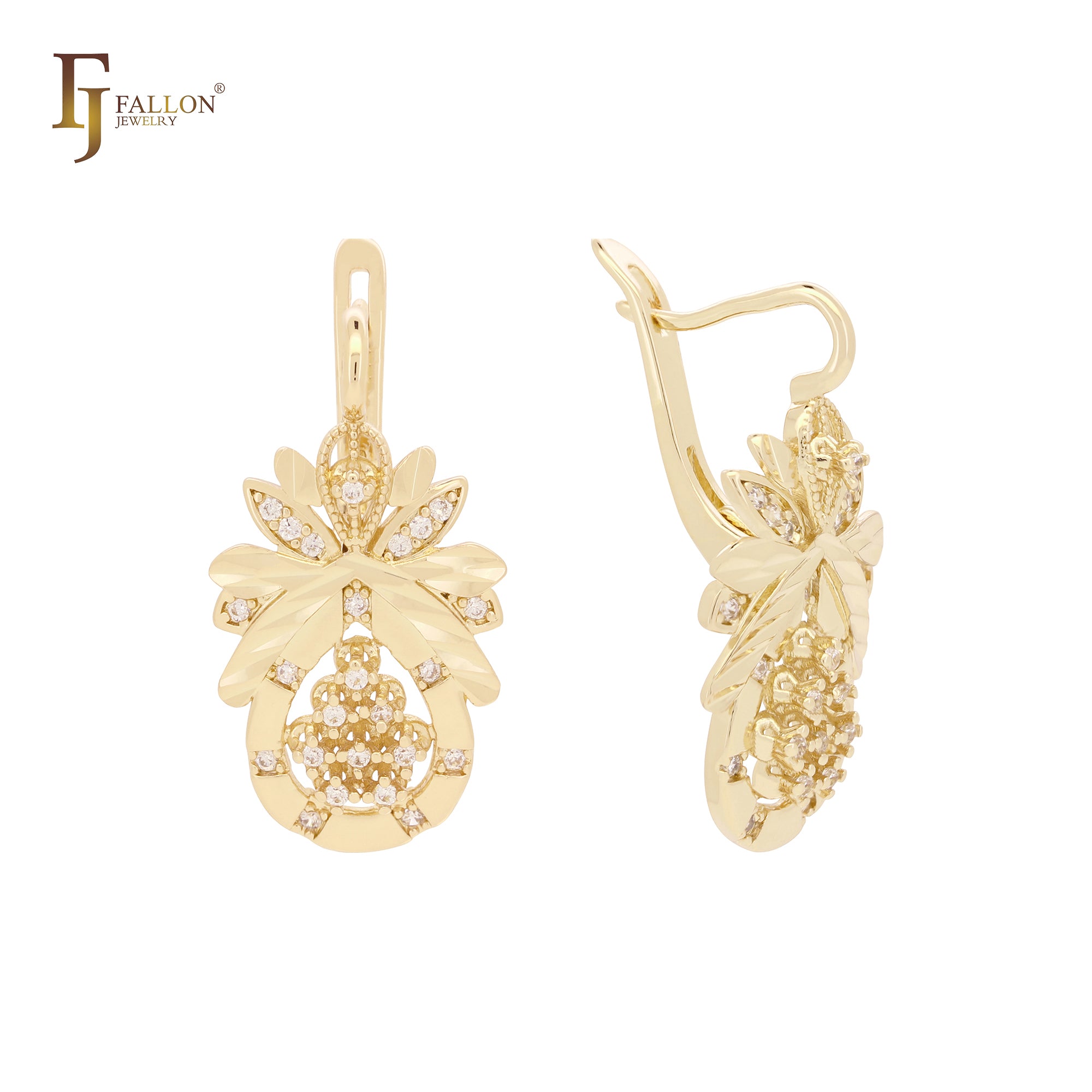 Pineapple flower shape cluster White CZs 14K Gold, Rose Gold Earrings