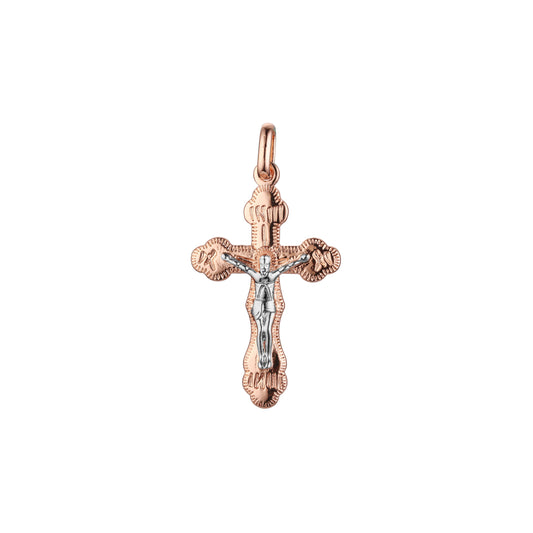 Pingente de cruz católica em ouro 14K, ouro rosa com duas cores de revestimento