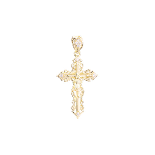 Colgante de cruz católica con capullo en oro rosa y baño de Oro 14K.