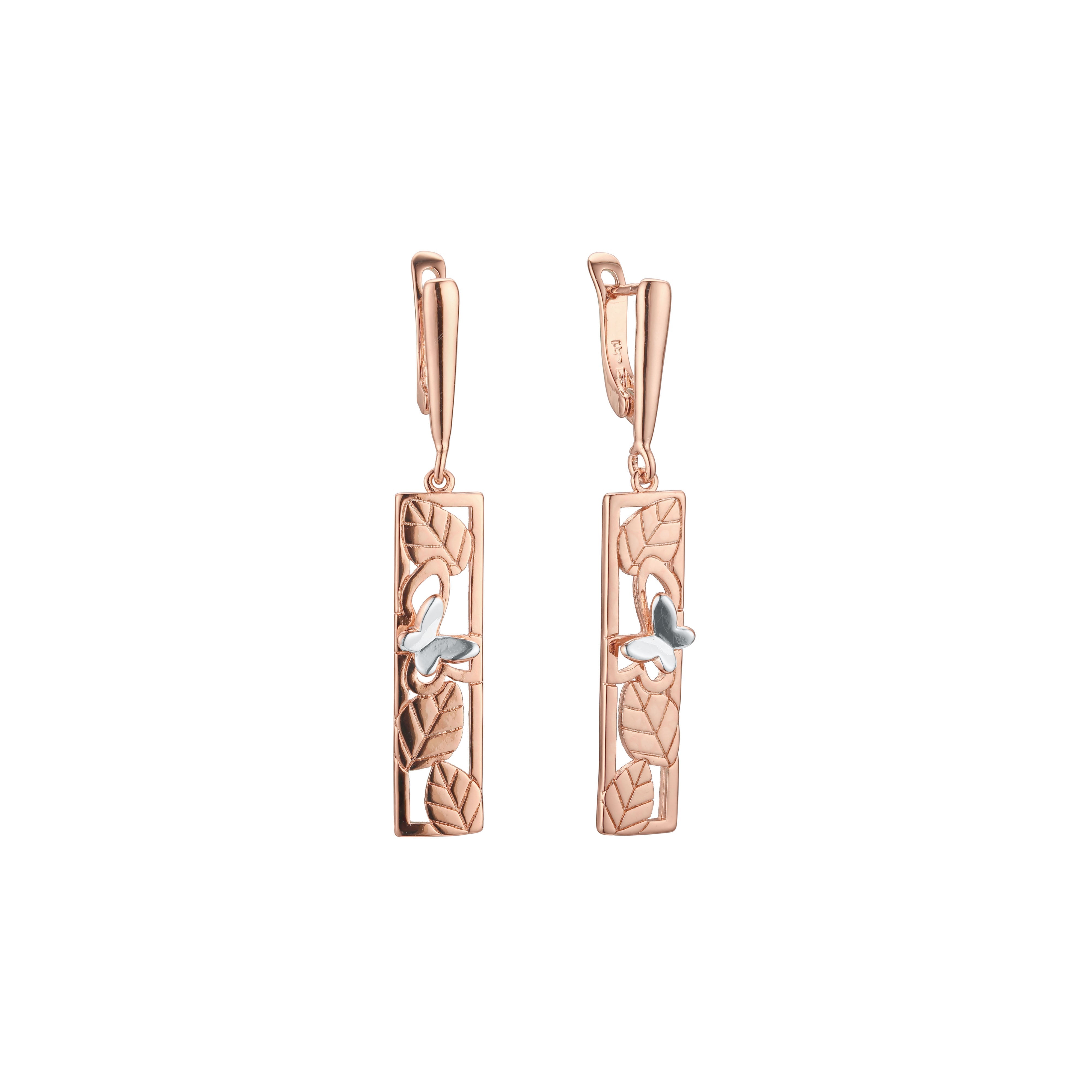 Aretes mariposa y hojas en baño de dos tonos de Oro 14K, Oro Blanco, Oro Rosa