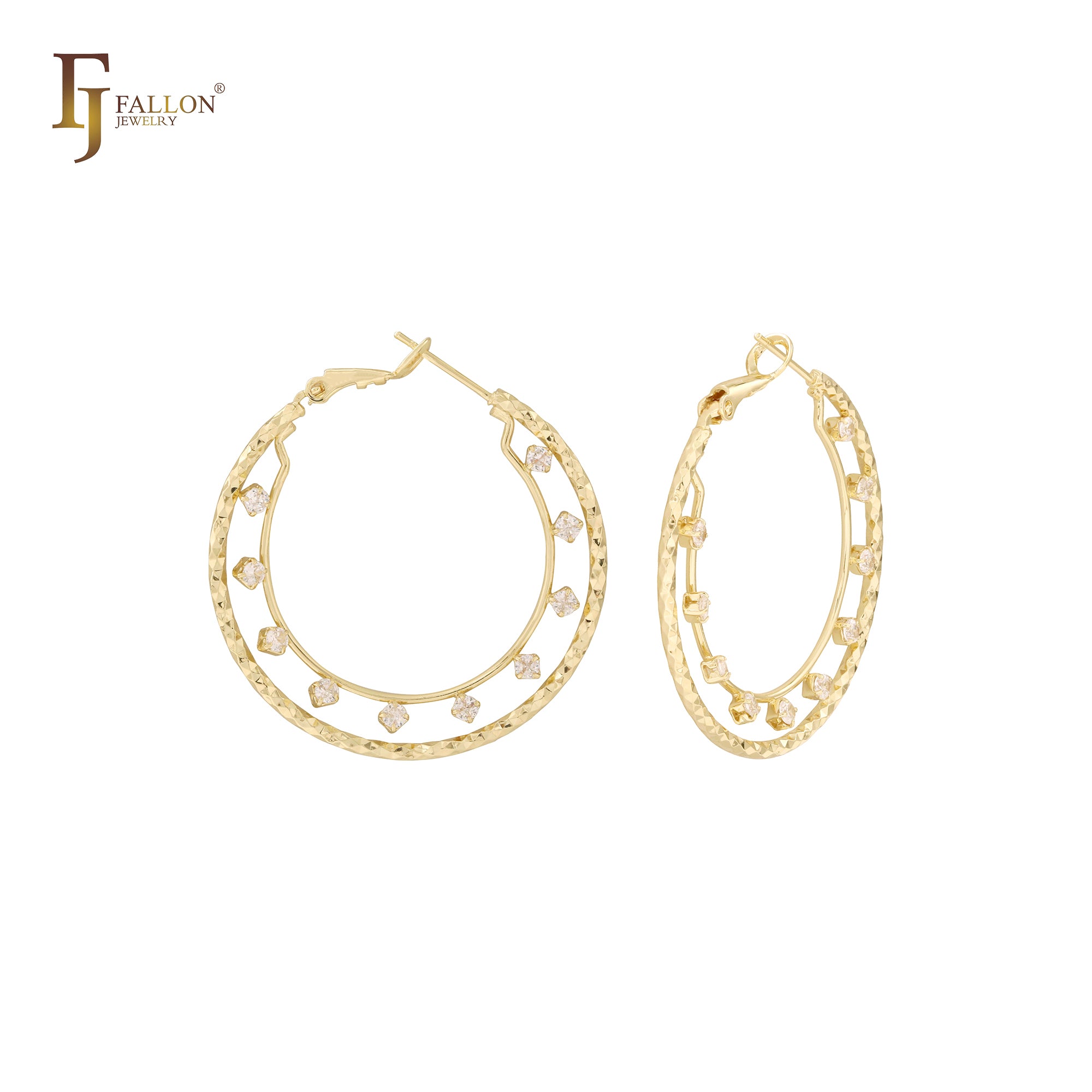 Cluster White CZs dotted 14K Gold textured Hoop earrings