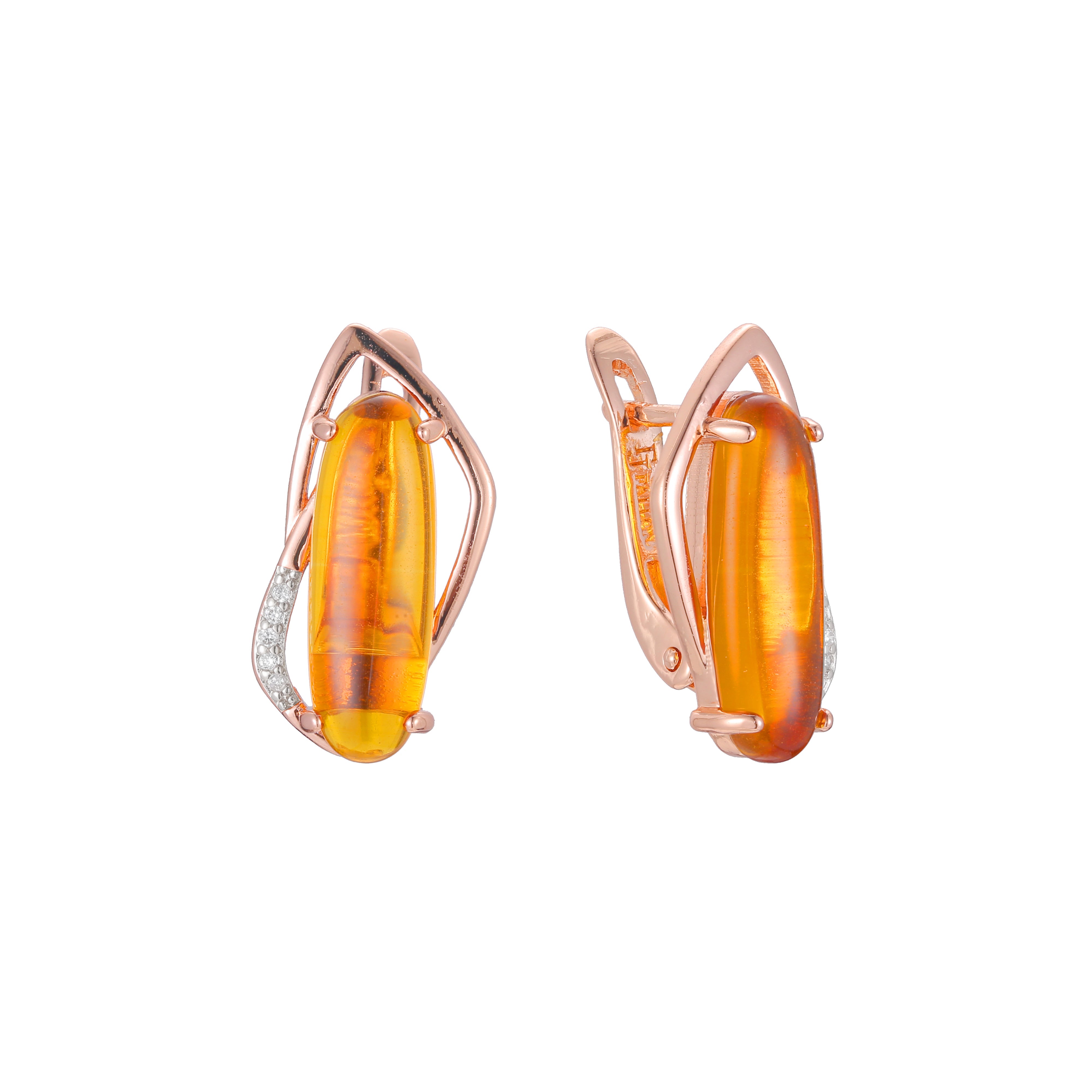 Solitaire big orange stone earrings in 14K Gold, Rose Gold, two tone plating colors