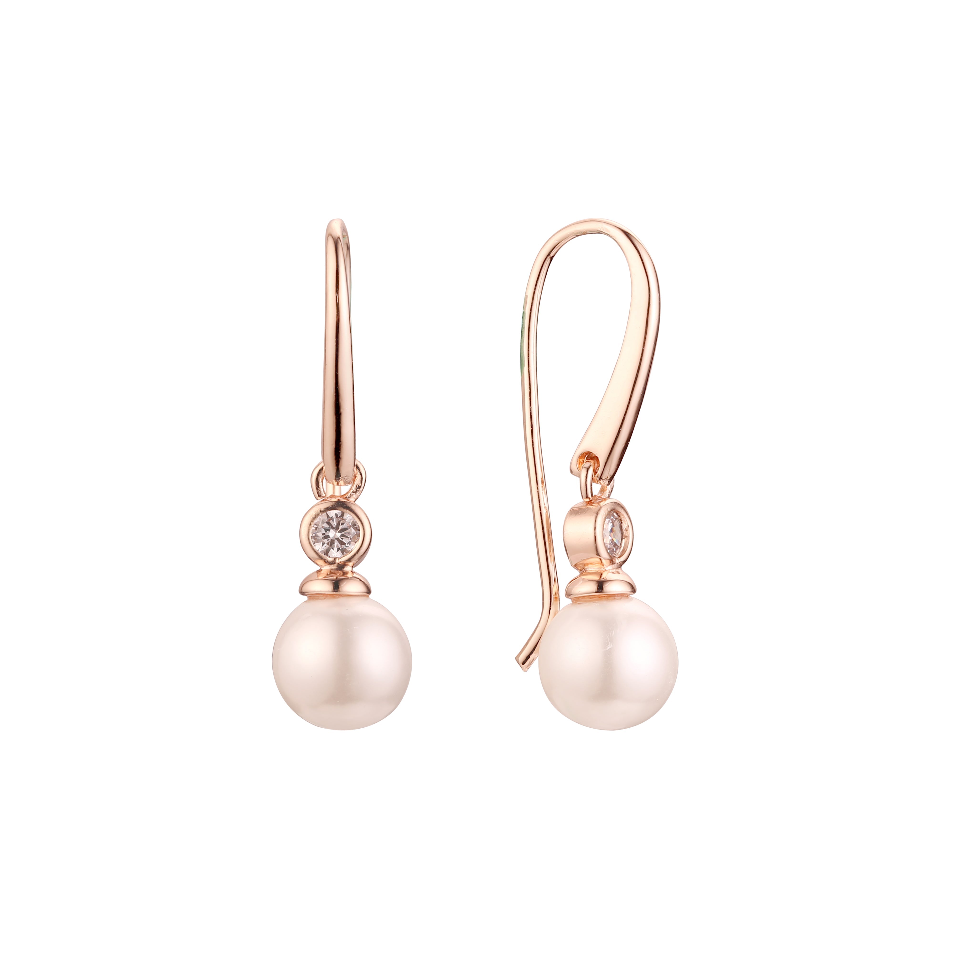 Pendientes de perlas con gancho de alambre en Oro Blanco, baño de Oro Rosa en colores