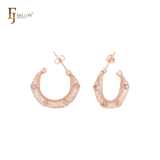 Aretes de oro de 14 quilates con circonitas blancas y recinto de filigrana en forma de jaula de red