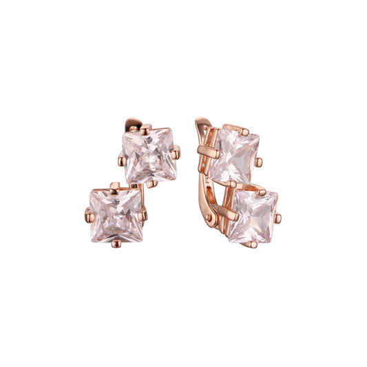 Aretes de dos piedras talla esmeralda en Oro de 14K, baño de Oro Rosa colores