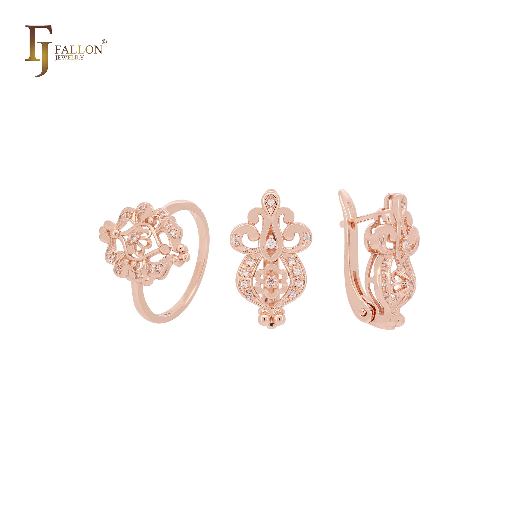 Filigree cluster white CZs 14K Gold, Rose Gold Jewelry Set with Rings