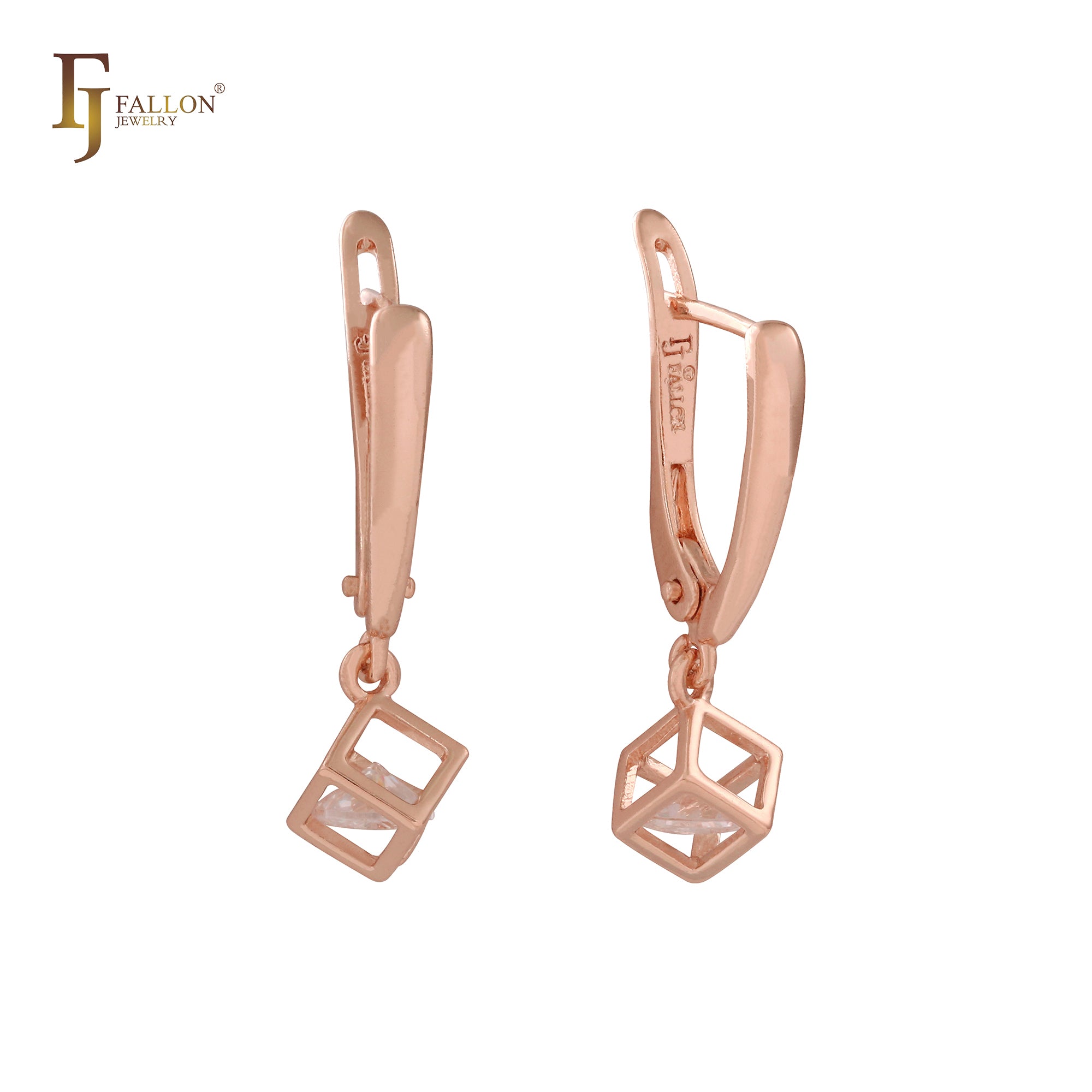 Cubic hollow cage enclosing a diamond CZ 14K Gold, Rose Gold, White Gold drop earrings