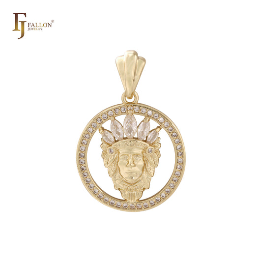 Portrait of Indian Chief circle and marquise cluster white CZs 14K Gold pendant