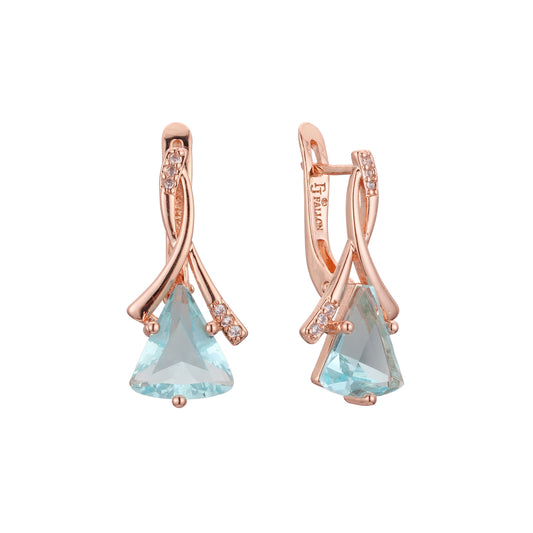 Solitaire elegant triangular colorful CZ 14K Gold, Rose Gold, two tone earrings