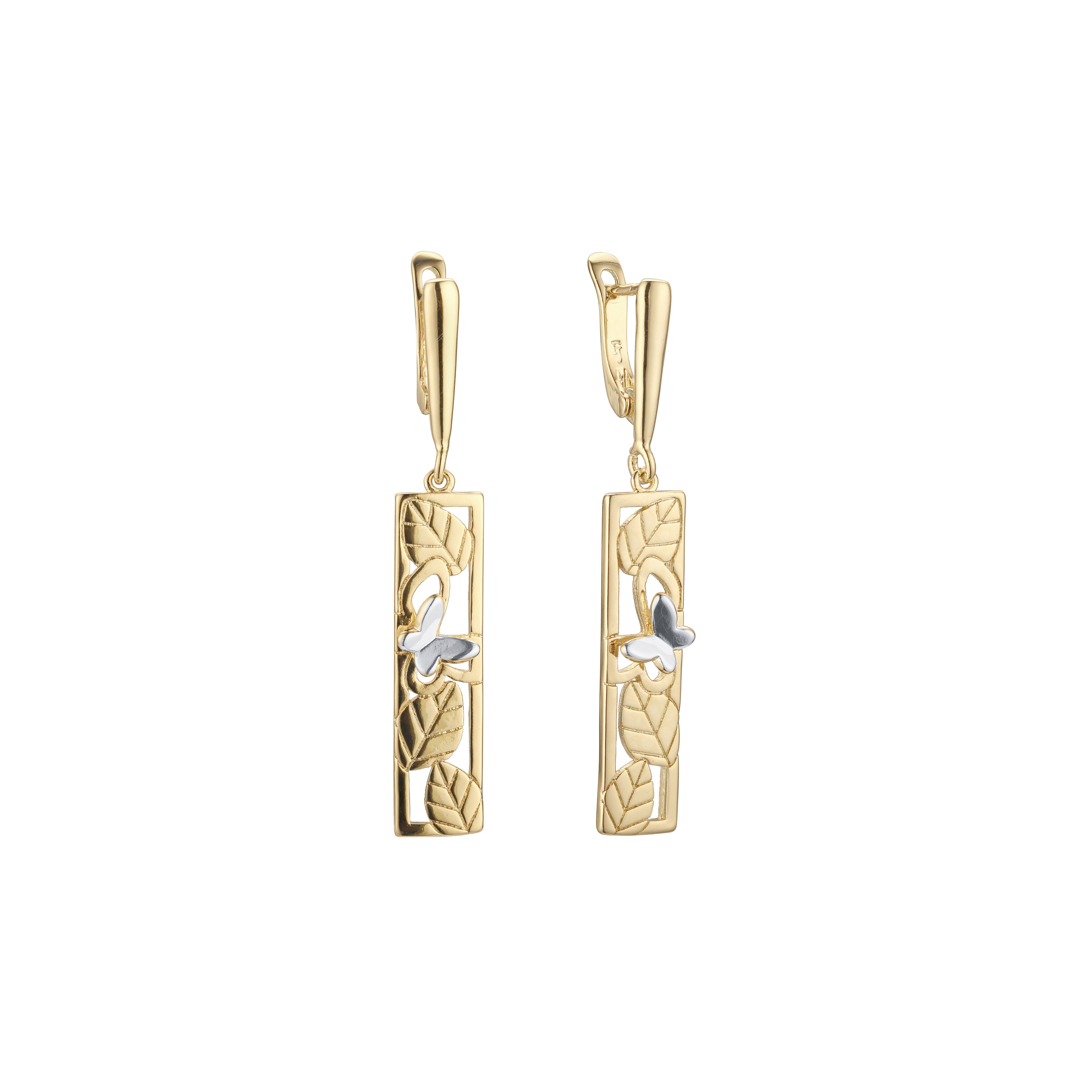 Aretes mariposa y hojas en baño de dos tonos de Oro 14K, Oro Blanco, Oro Rosa