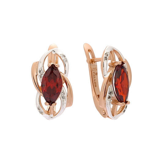 Solitaire Marquise Red CZ Rose Gold，两色耳环