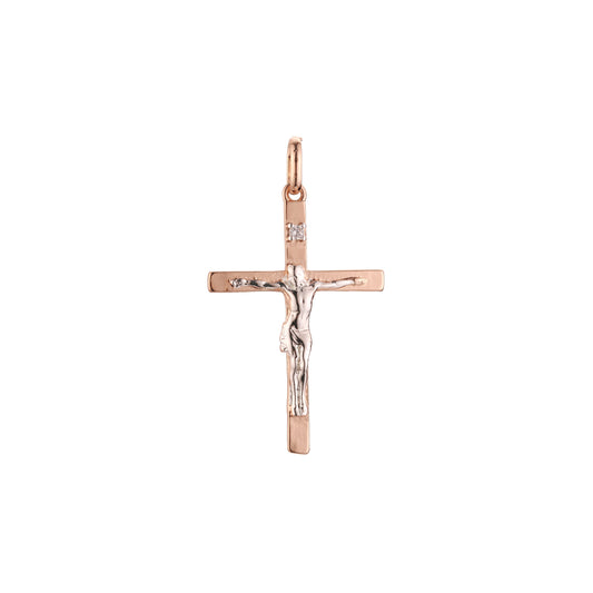 Colgante cruz católica latina en Oro Rosa bicolor, baño de Oro 14K colores