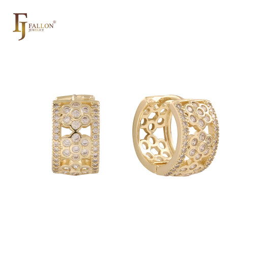 Filigree cluster White CZs Rose Gold, 14K Gold Huggie Earrings