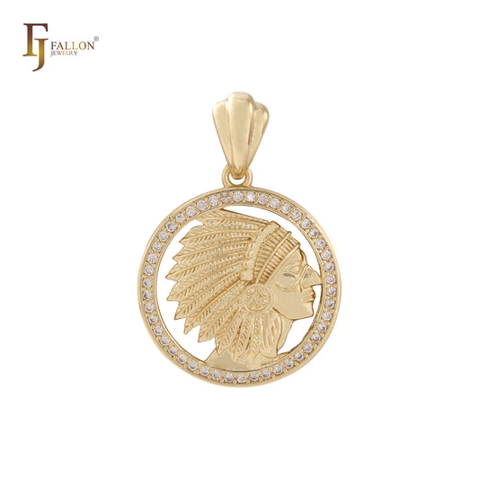 Portrait of Indian Chief Circular paved white CZs 14K Gold pendant