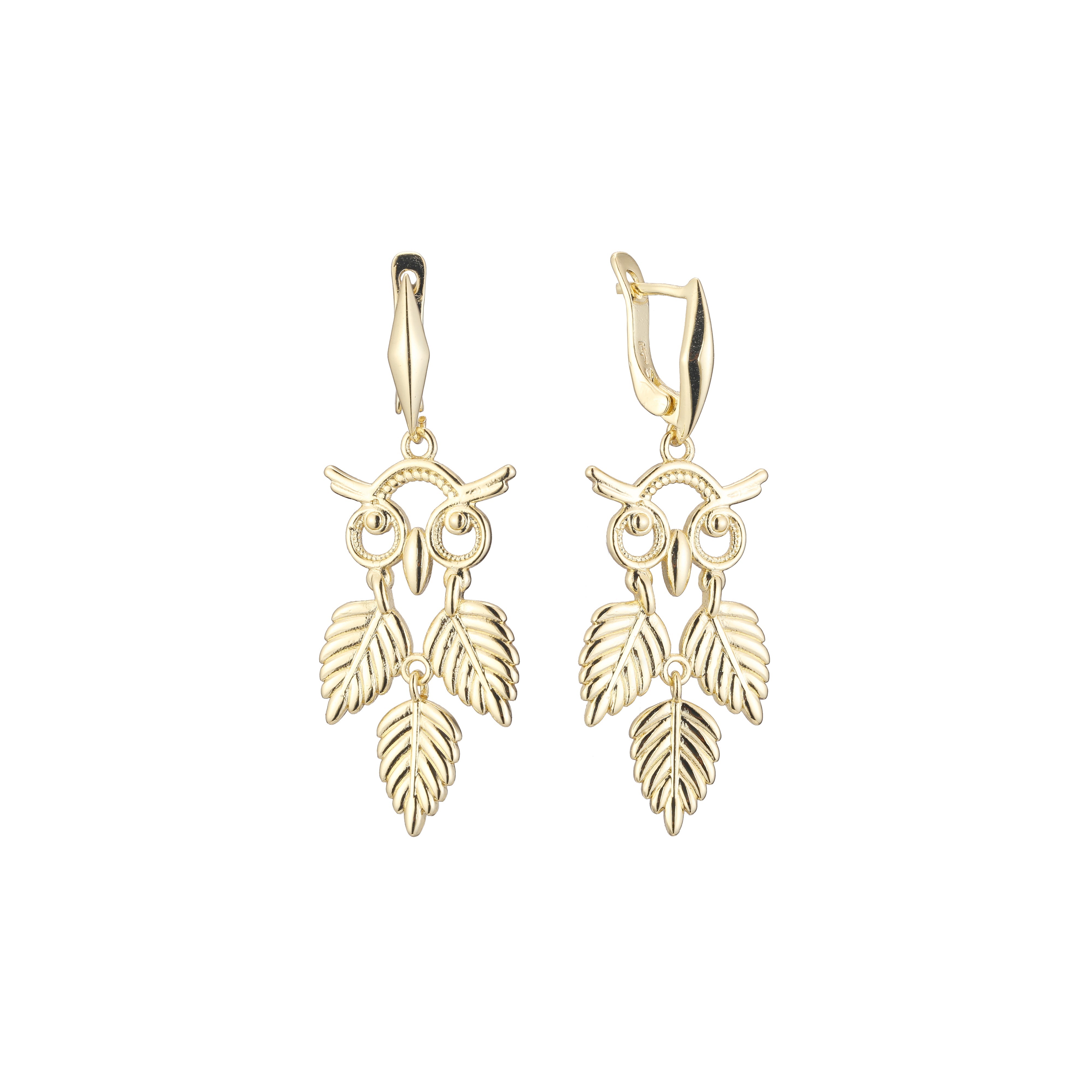 Owl and three leaves earrings in 14K Gold, Rose Gold plating colors