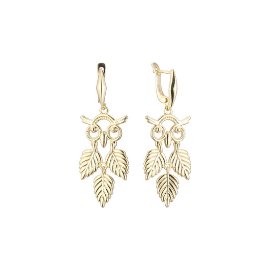 Owl and three leaves earrings in 14K Gold, Rose Gold plating colors