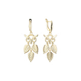 Owl and three leaves earrings in 14K Gold, Rose Gold plating colors