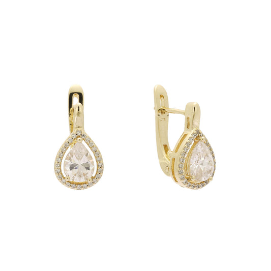 Big Halo teardrop cz 14K Gold, Rose Gold earrings