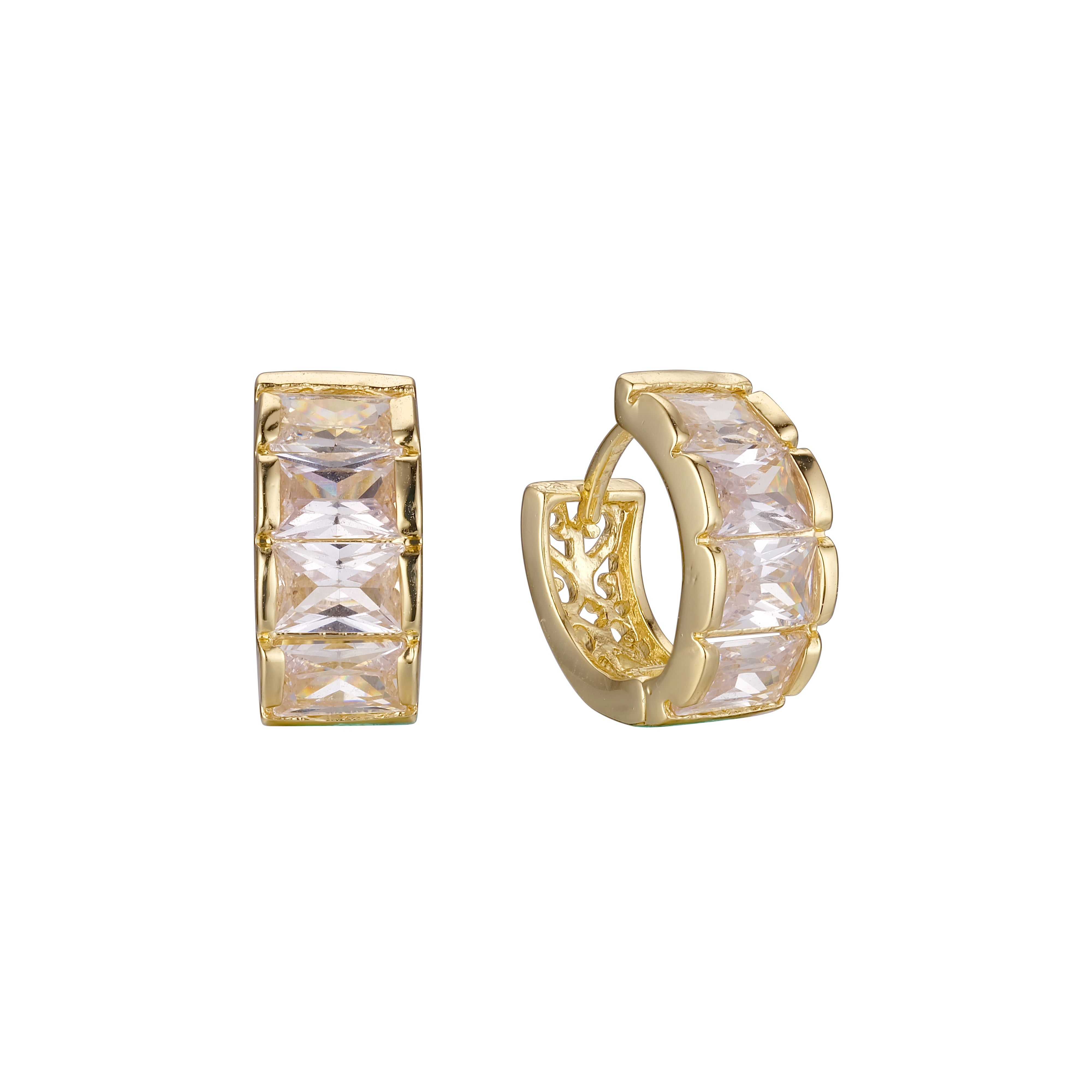 Cluster white Baguette CZs 14K Gold huggie earrings