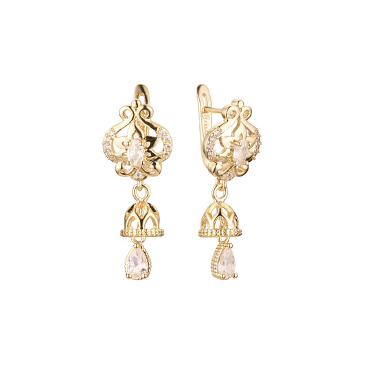 Aretes colgantes tipo candelabro de flores en oro de 14K, baño de oro rosa en colores