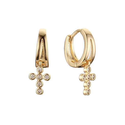 Huggie cluster cross earrings in 14K Gold, Rose Gold plating colors