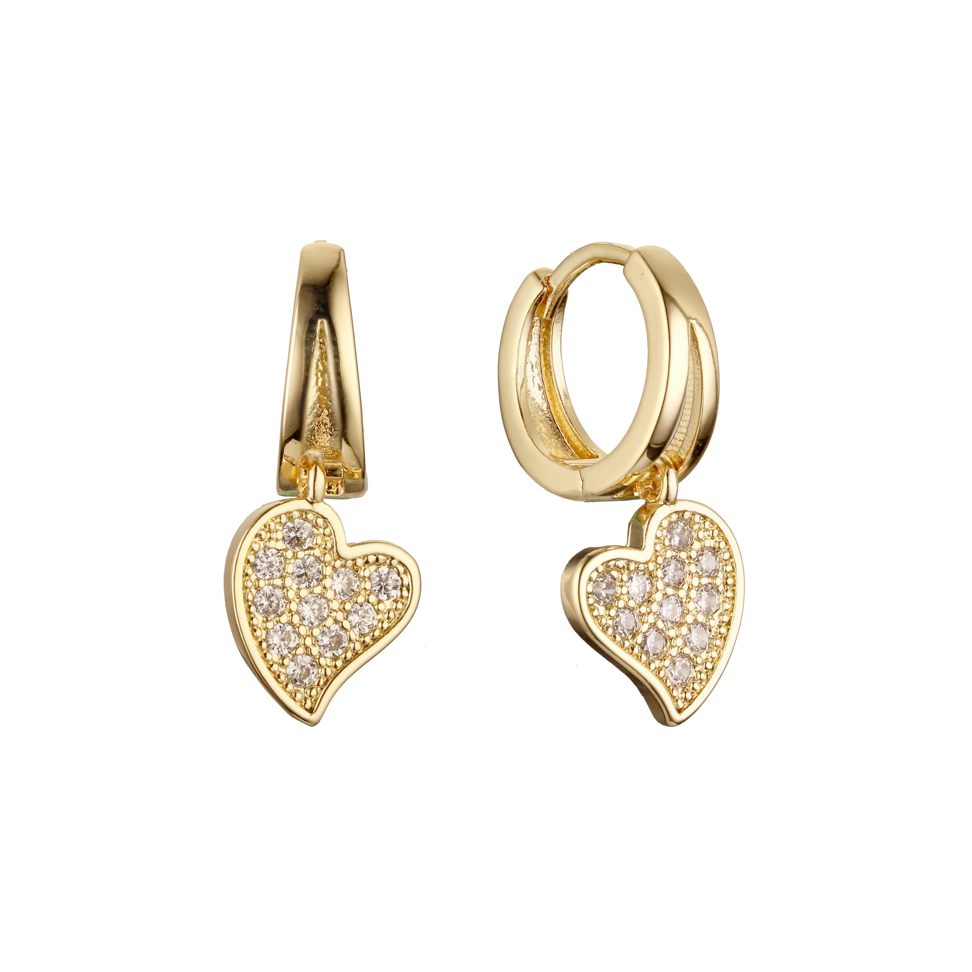 Pendientes huggie de corazón en Oro 14K, colores baño de oro rosa.